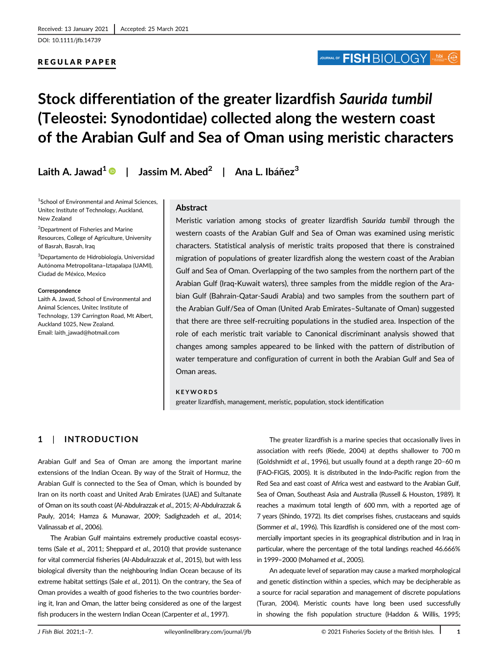 Stock Differentiation of the Greater Lizardfish Saurida Tumbil