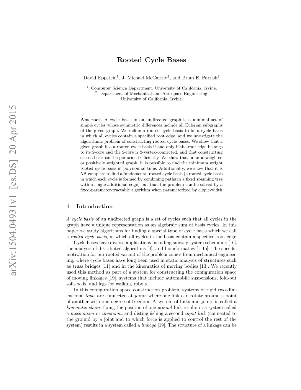 Arxiv:1504.04931V1 [Cs.DS] 20 Apr 2015 of Moving Linkages [19], Systems That Include Automobile Suspensions, Fold-Out Sofa-Beds, and Legs for Walking Robots