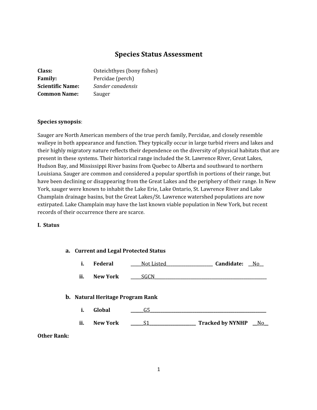 Species Assessment for Sauger