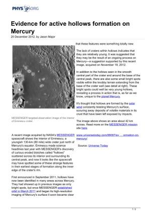 Evidence for Active Hollows Formation on Mercury 20 December 2012, by Jason Major