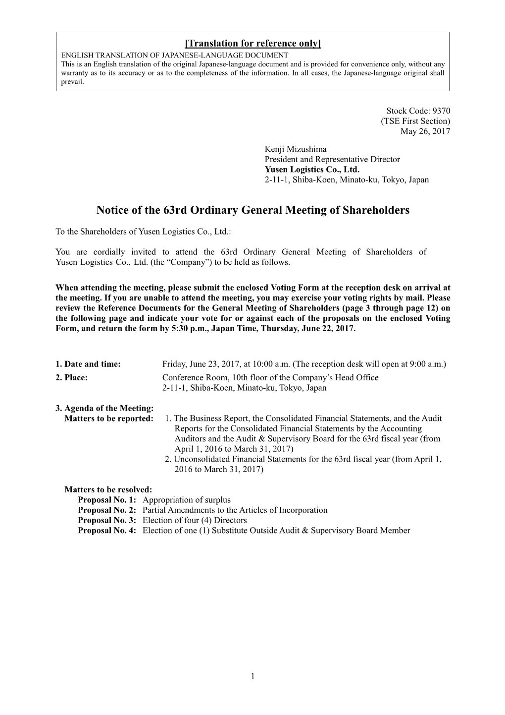 Notice of the 63Nd Ordinary General Meeting of Shareholders