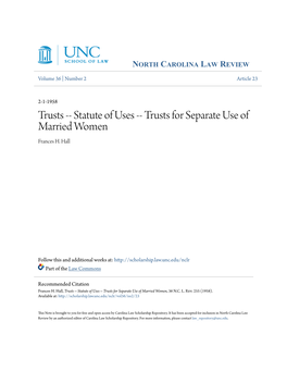 Trusts -- Statute of Uses -- Trusts for Separate Use of Married Women Frances H