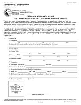 BGC-APP-009A, Cardroom Applicant's Spouse Supplemental