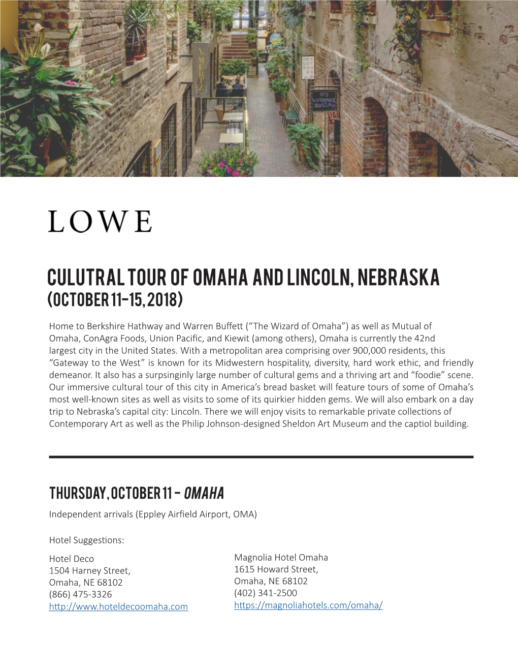 Culutral Tour of Omaha and Lincoln, Nebraska (October 11-15, 2018)