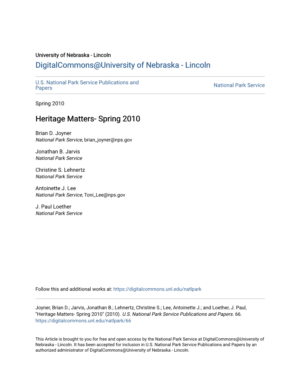 Heritage Matters- Spring 2010