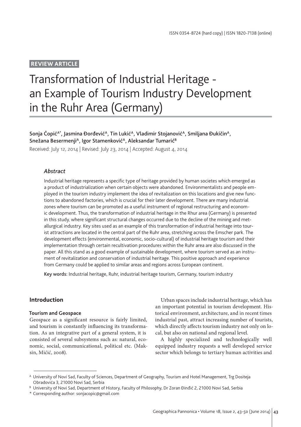 Transformation of Industrial Heritage - an Example of Tourism Industry Development in the Ruhr Area (Germany)