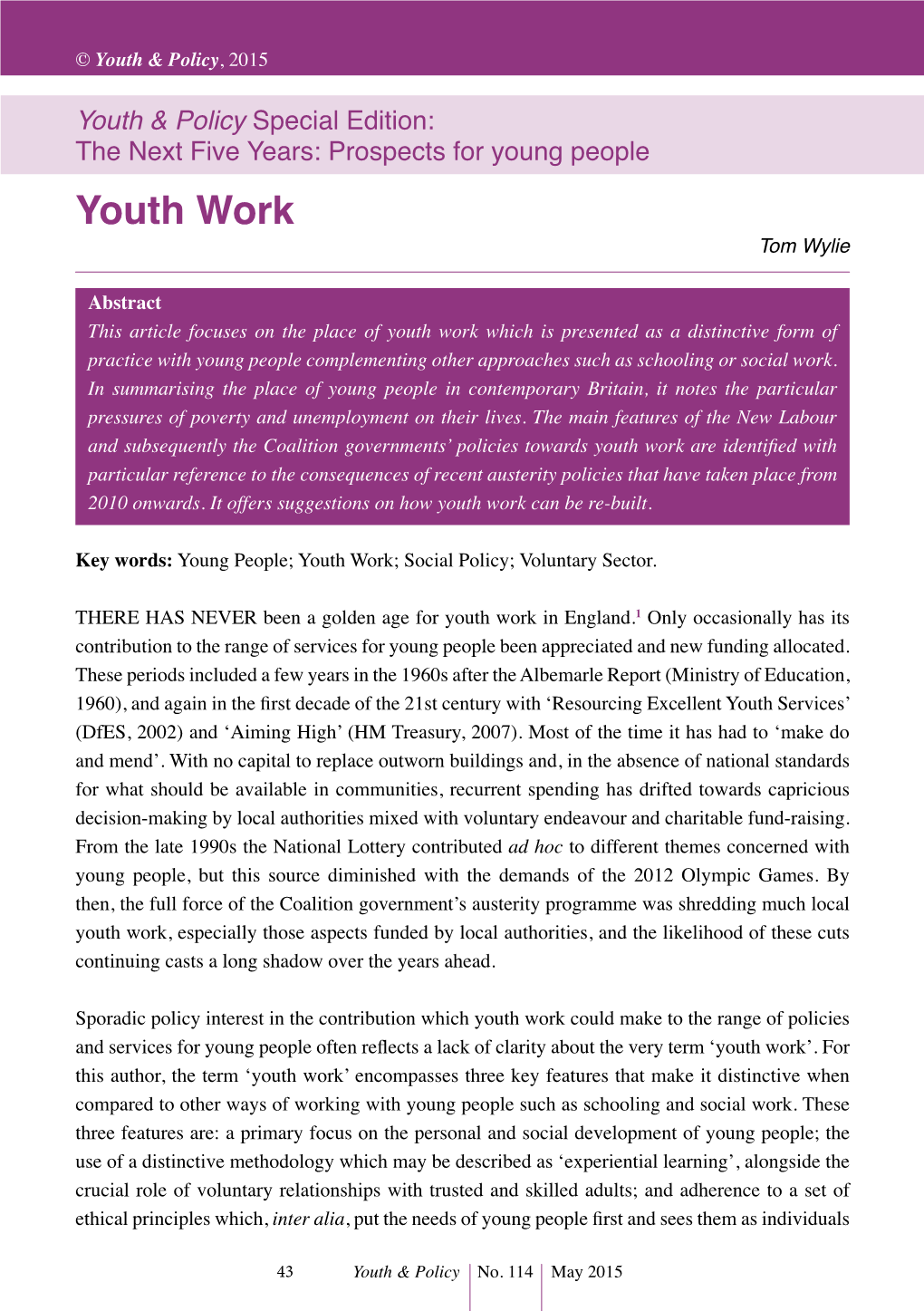 Youth Work Tom Wylie
