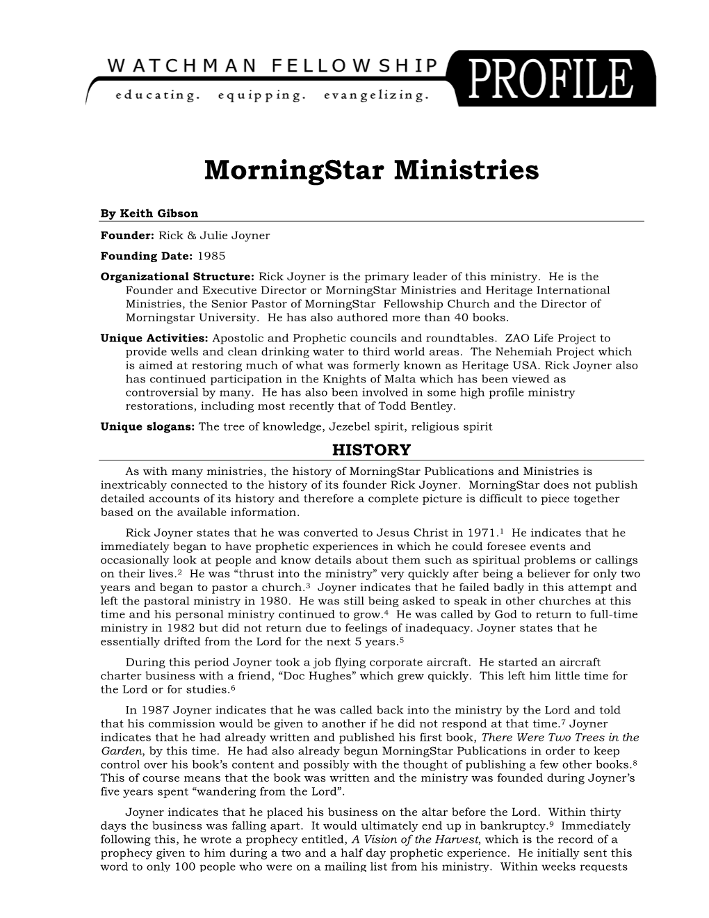 Morningstar Ministries Profile