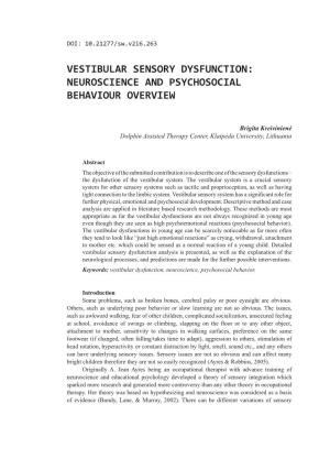 Vestibular Sensory Dysfunction: Neuroscience and Psychosocial Behaviour Overview