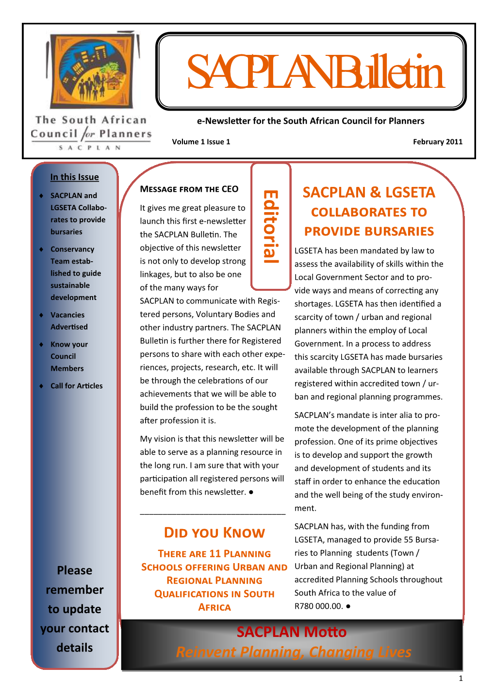 SACPLAN Bulletin Vol 1 Issue 1