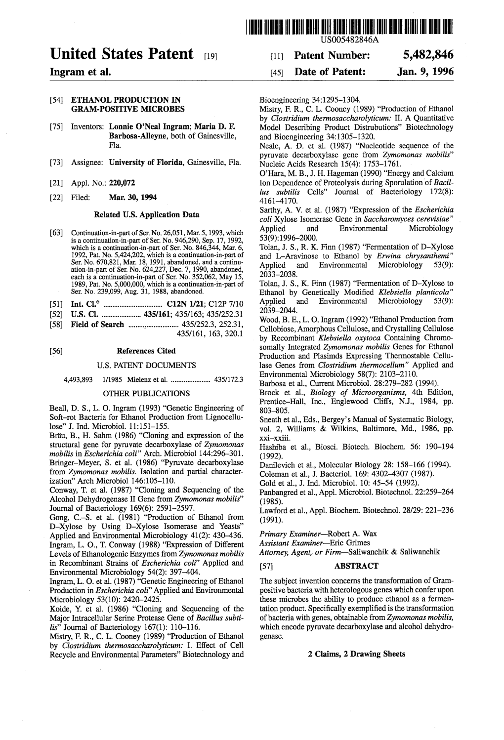 United States Patent (19) 11) Patent Number: 5,482,846 Ingram Et Al