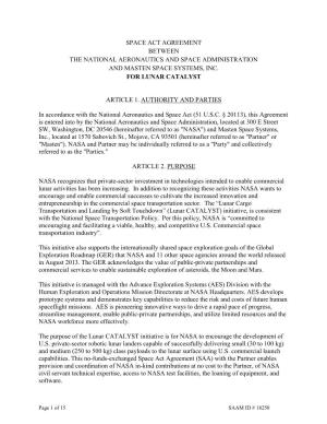 Space Act Agreement Between the National Aeronautics and Space Administration and Masten Space Systems, Inc