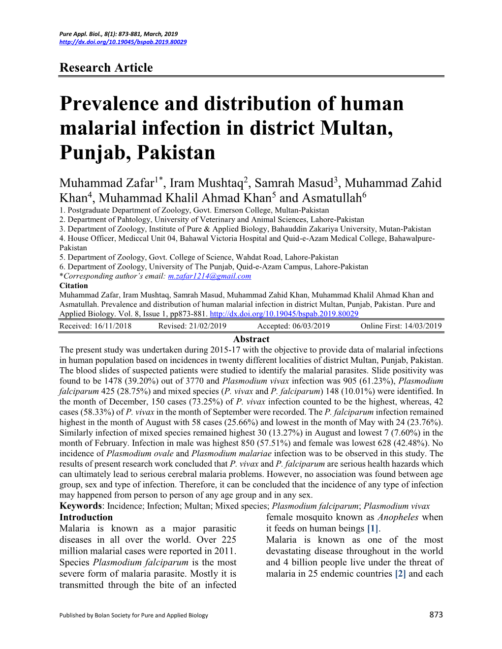 Asmatullah. Prevalence and Distribution of Human Malarial Infection in District Multan, Punjab, Pakistan