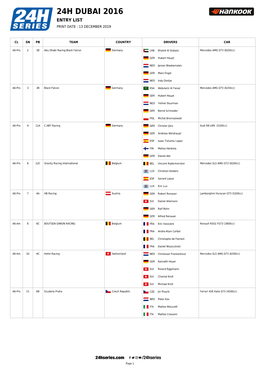 24H Dubai 2016 Entry List Print Date : 13 December 2019