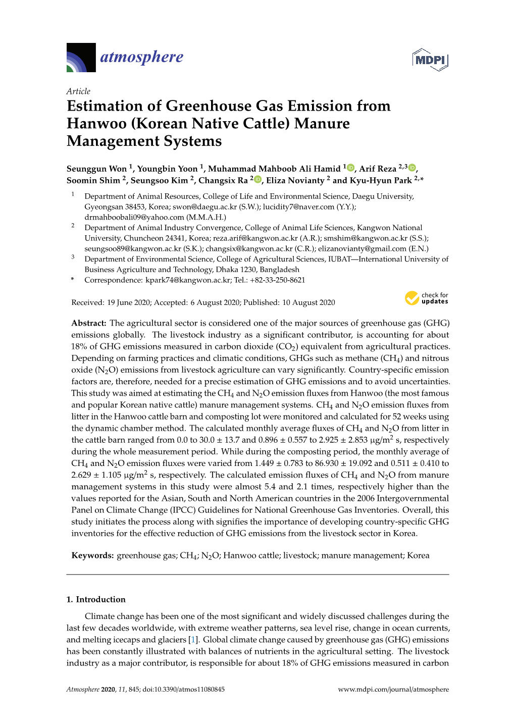 Estimation of Greenhouse Gas Emission from Hanwoo (Korean Native Cattle) Manure Management Systems