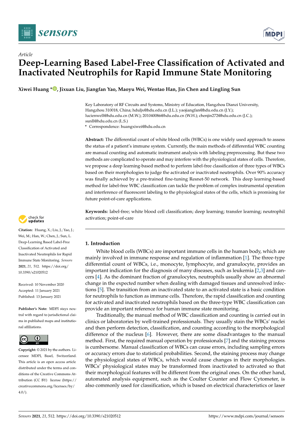 Deep-Learning Based Label-Free Classification of Activated And