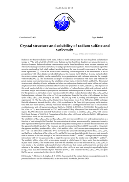 Crystal Structure and Solubility of Radium Sulfate and Carbonate Friday, 18 May 2018 11:45 (15 Minutes)
