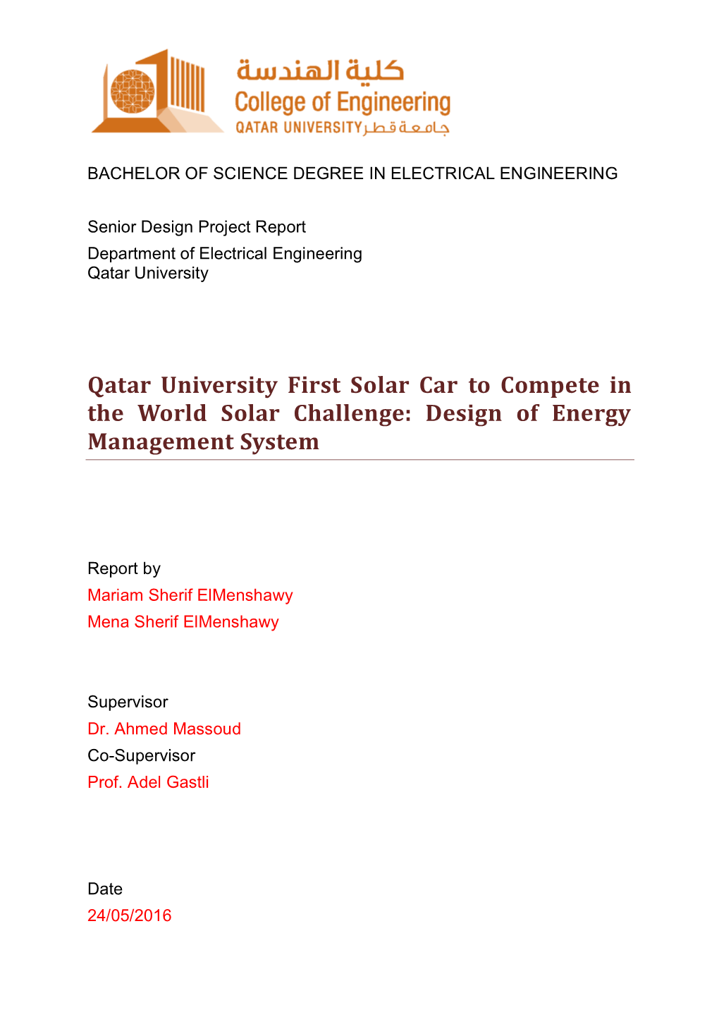 Qatar University First Solar Car to Compete in the World Solar Challenge: Design of Energy Management System