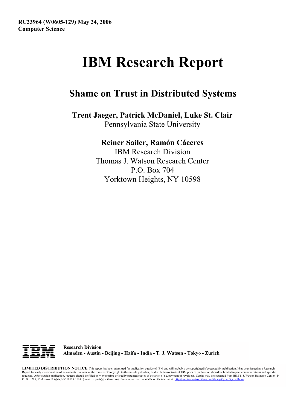 IBM Research Report Shame on Trust in Distributed Systems Trent Jaeger