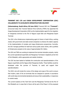 TRANSNET SOC LTD and COEGA DEVELOPMENT CORPORATION (CDC) COLLABORATE to ACCELERATE INFRASTRUCTURE DELIVERY