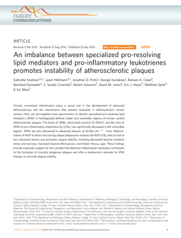 An Imbalance Between Specialized Pro-Resolving Lipid Mediators and Pro-Inﬂammatory Leukotrienes Promotes Instability of Atherosclerotic Plaques