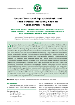 Species Diversity of Aquatic Mollusks and Their Cercarial Infections; Khao Yai National Park, Thailand