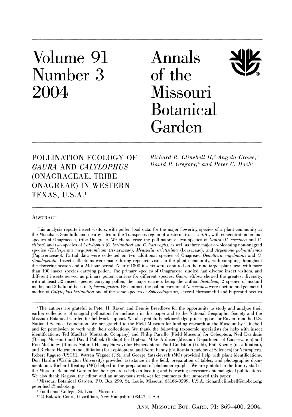 Pollination Ecology of Gaura and Calylophus