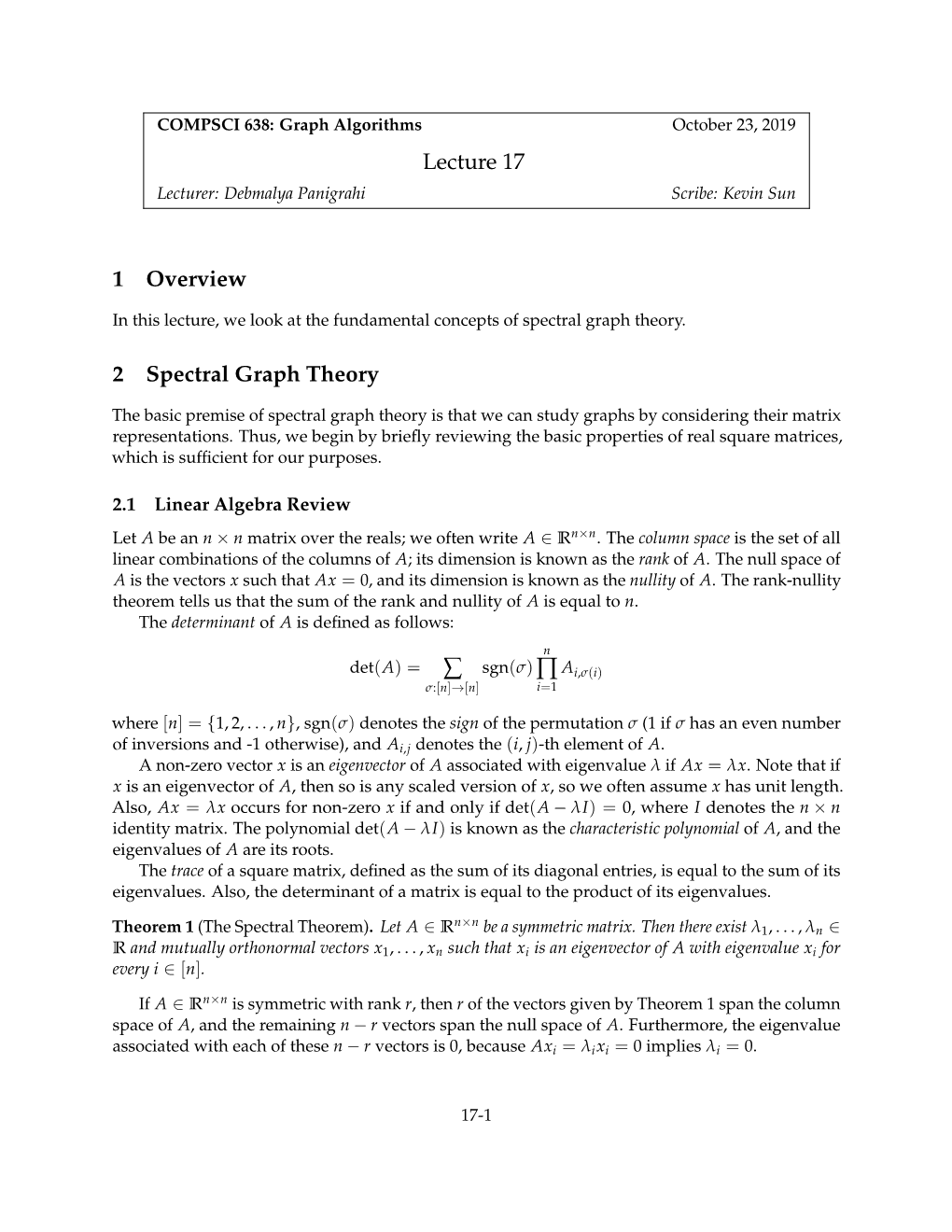 Lecture 17 1 Overview 2 Spectral Graph Theory