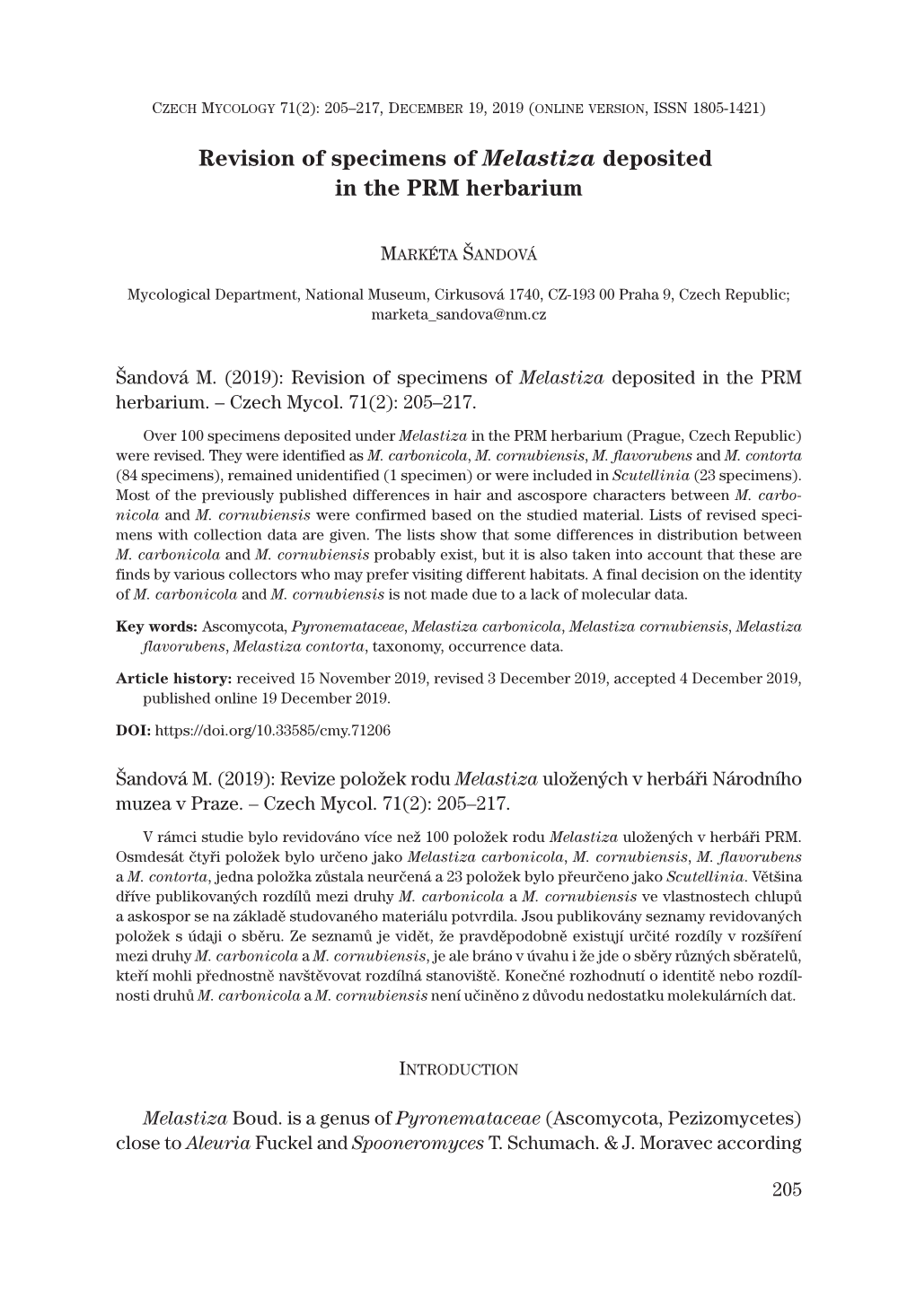 Revision of Specimens of Melastiza Deposited in the PRM Herbarium