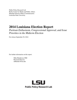 2014 Louisiana Election Report Partisan Enthusiasm, Congressional Approval, and Issue Priorities in the Midterm Election
