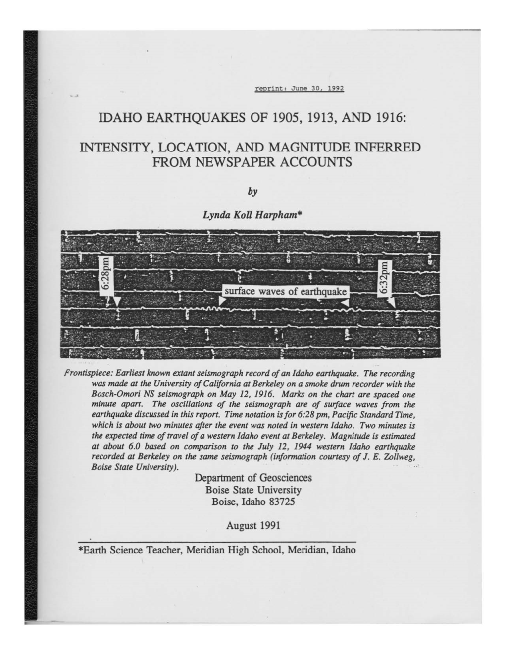 Idaho Earthquakes of 1905, 1913, and 1916