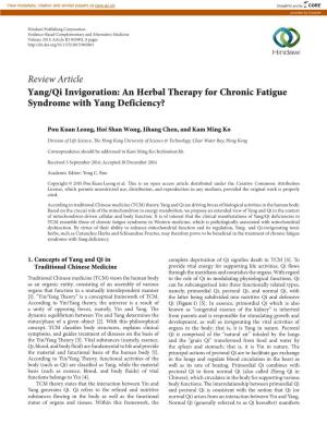 Review Article Yang/Qi Invigoration: an Herbal Therapy for Chronic Fatigue Syndrome with Yang Deficiency?