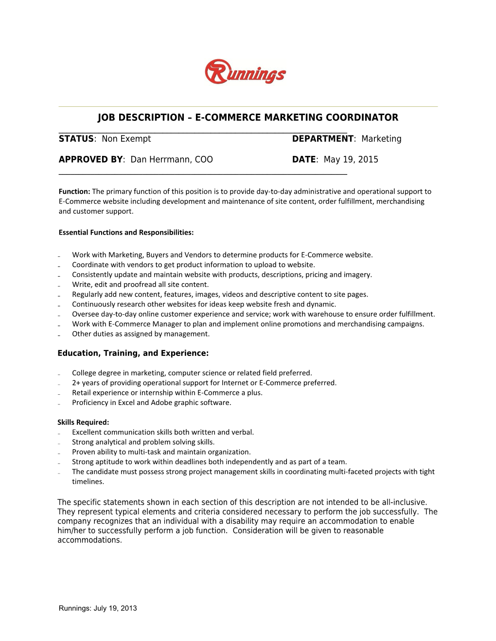 Job Description E-Commerce Marketing Coordinator