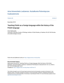 Teaching Polish As a Foreign Language Within the History of the Polish Language