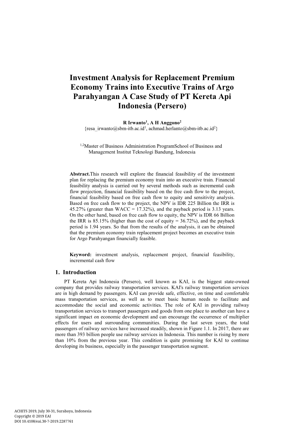 Investment Analysis for Replacement Premium Economy Trains Into Executive Trains of Argo Parahyangan a Case Study of PT Kereta Api Indonesia (Persero)