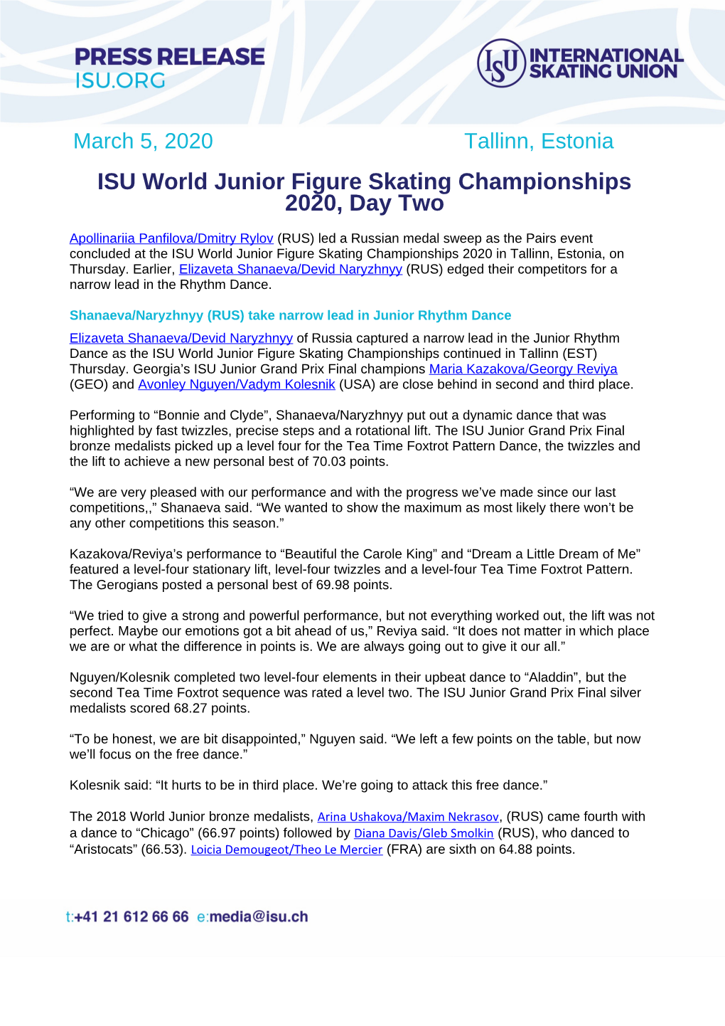 ISU World Junior Figure Skating Championships 2020, Day Two