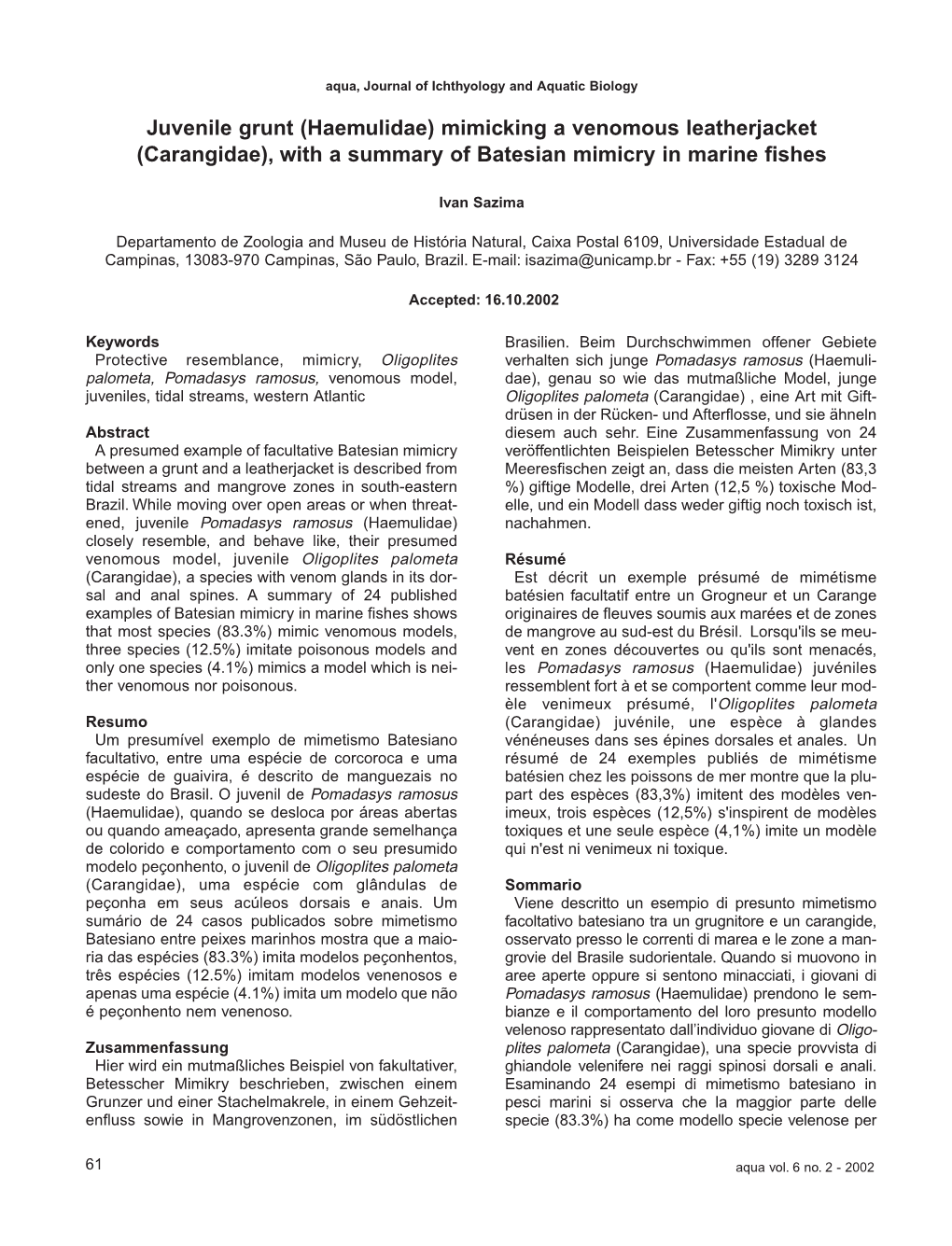 With a Summary of Batesian Mimicry in Marine Fishes