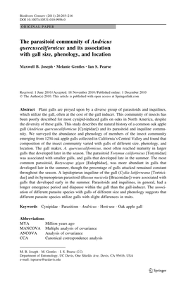 The Parasitoid Community of Andricus Quercuscalifornicus and Its Association with Gall Size, Phenology, and Location
