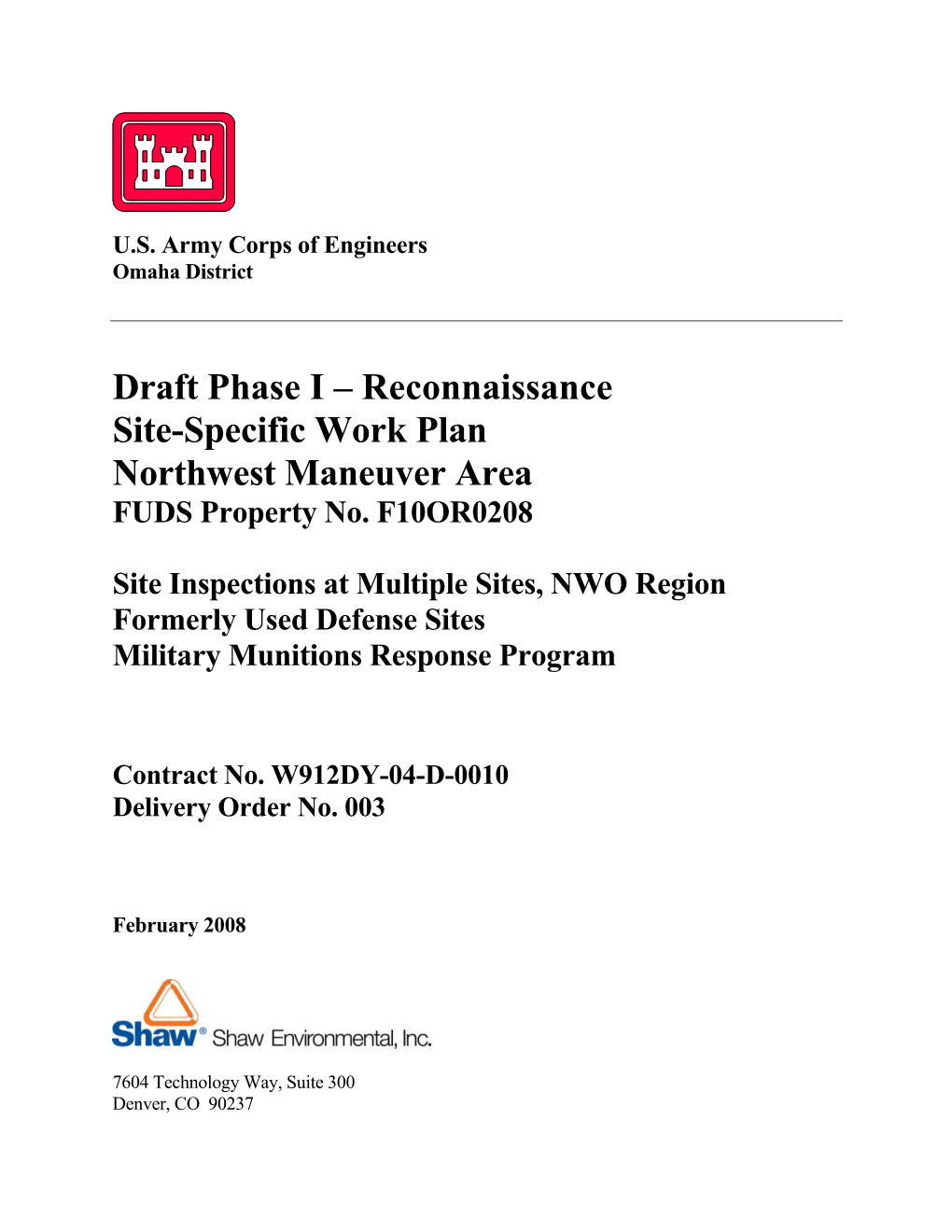 Draft Phase I – Reconnaissance Site-Specific Work Plan Northwest Maneuver Area FUDS Property No