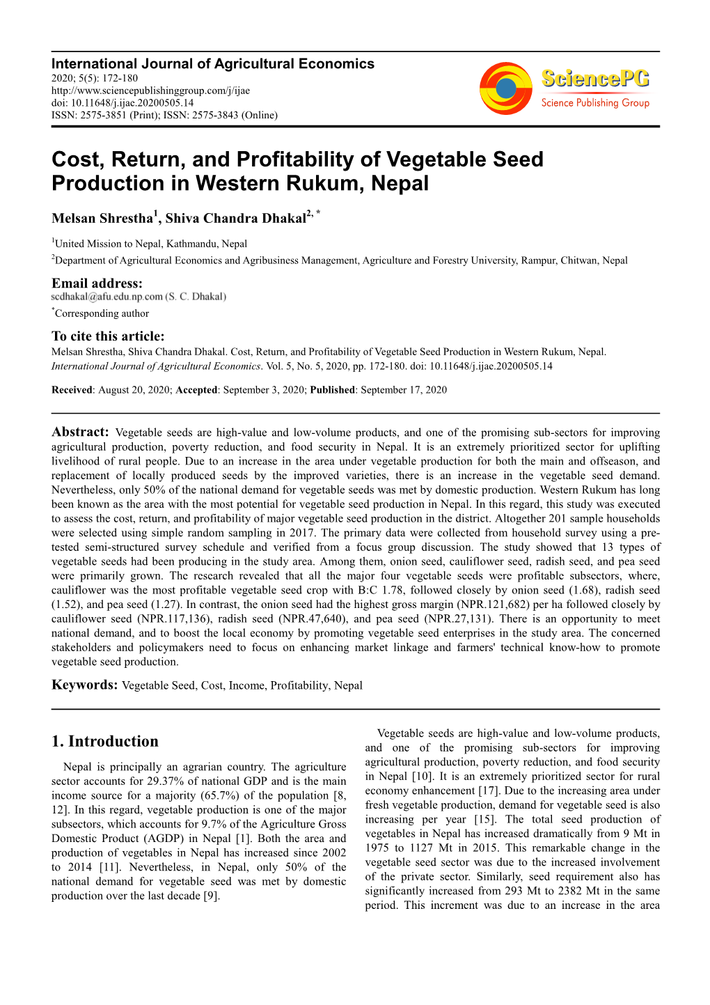 Cost, Return, and Profitability of Vegetable Seed Production in Western Rukum, Nepal