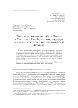 Nepoznati Dokumenti O Grgi Novaku I Miroslavu Krleži, Koji Osvjetljavaju Kulturnu Atmosferu Sredine Stoljeća U Hrvatskoj
