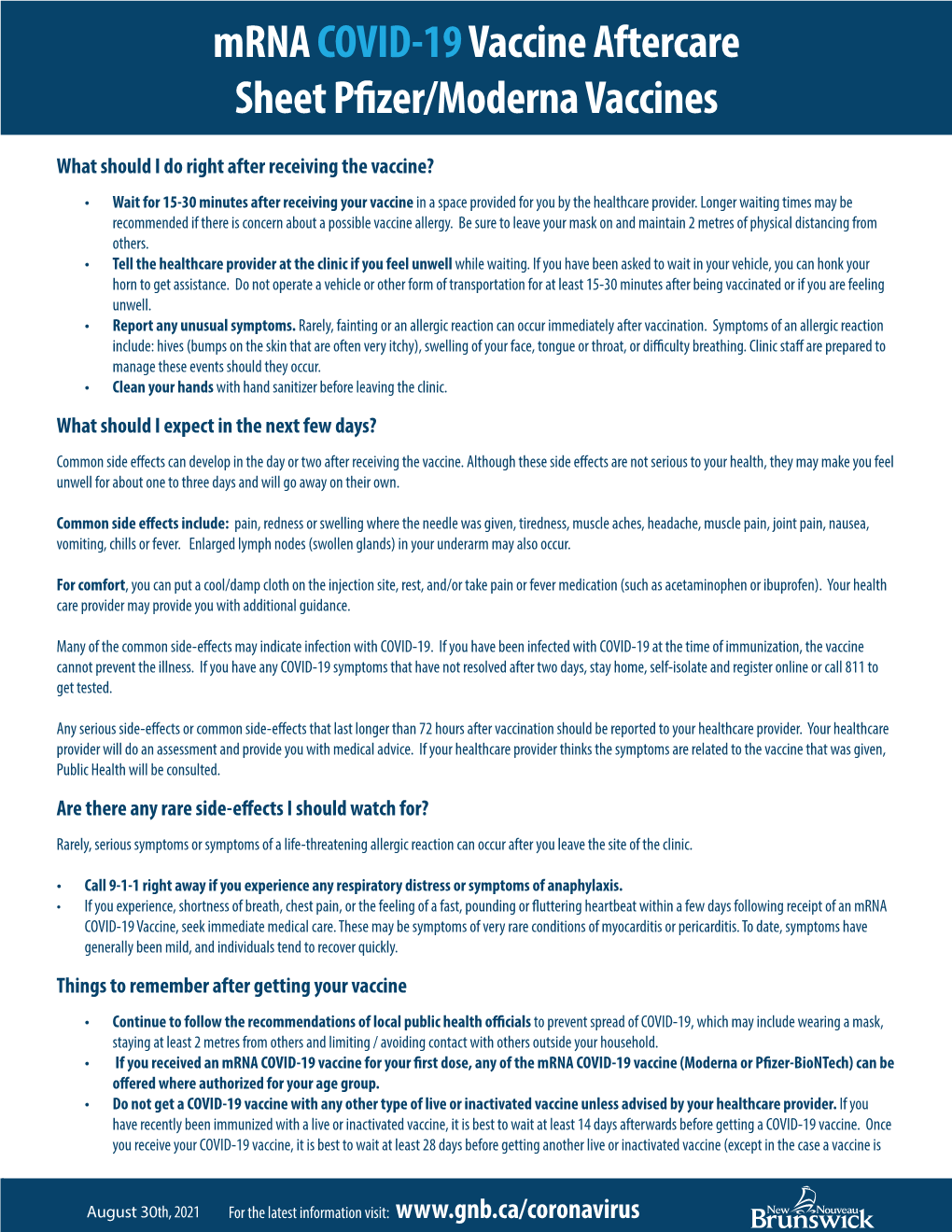 Mrna COVID-19 Vaccine Aftercare Sheet Pfizer/Moderna Vaccines