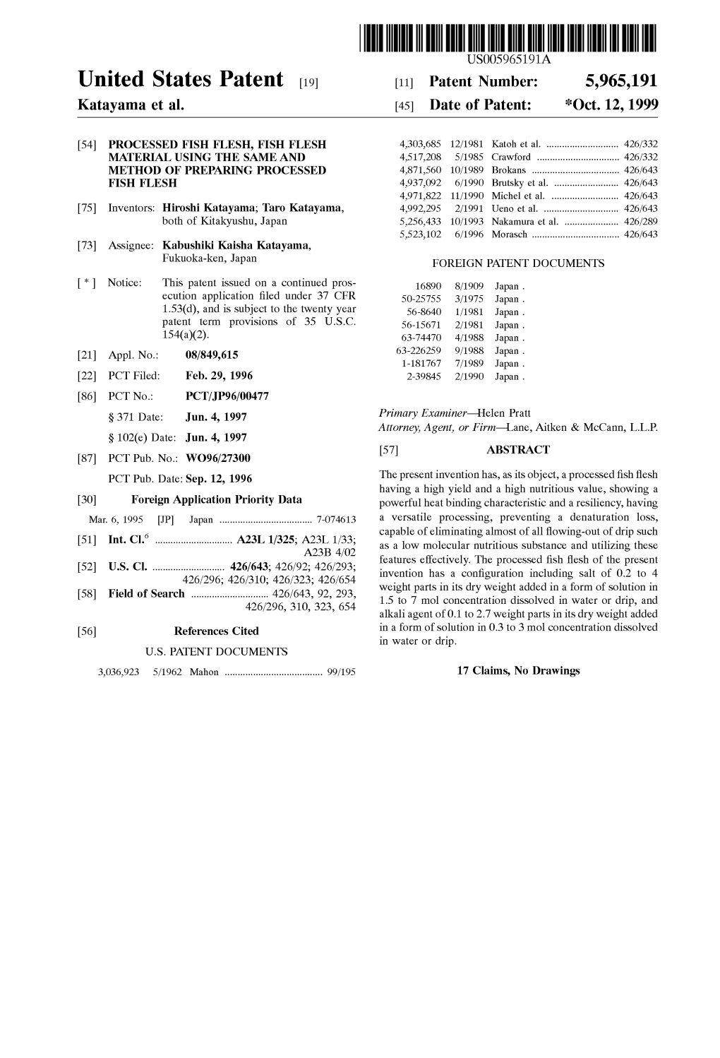 United States Patent (19) 11 Patent Number: 5,965,191 Katayama Et Al