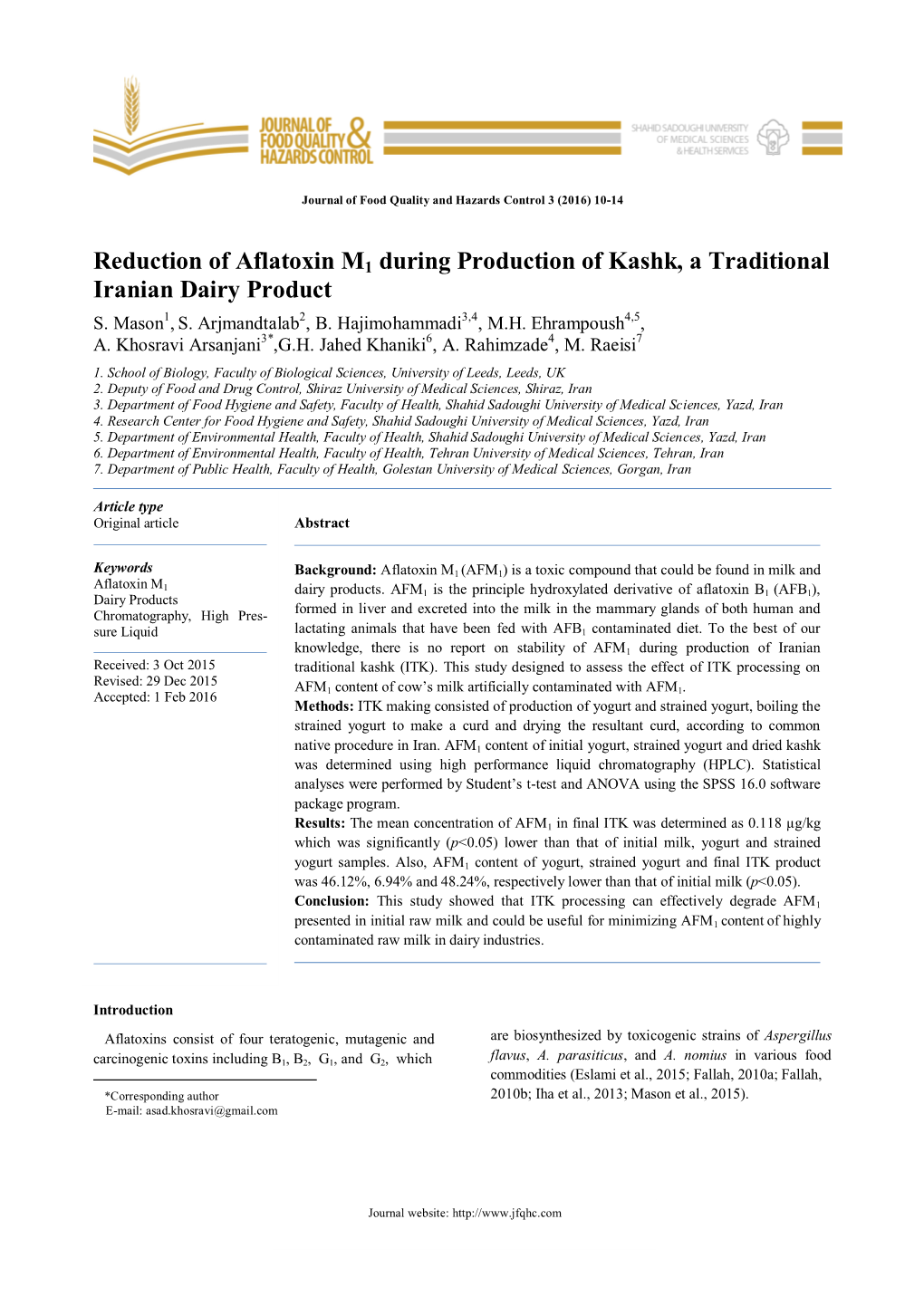 Reduction of Aflatoxin M1 During Production of Kashk, a Traditional Iranian Dairy Product S