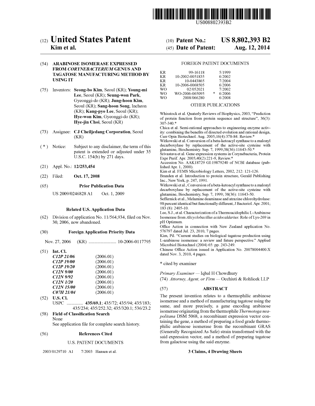 (12) United States Patent (10) Patent No.: US 8,802,393 B2 Kim Et Al