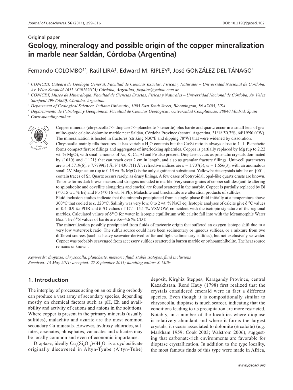 Geology, Mineralogy and Possible Origin of the Copper Mineralization in Marble Near Saldán, Córdoba (Argentina)