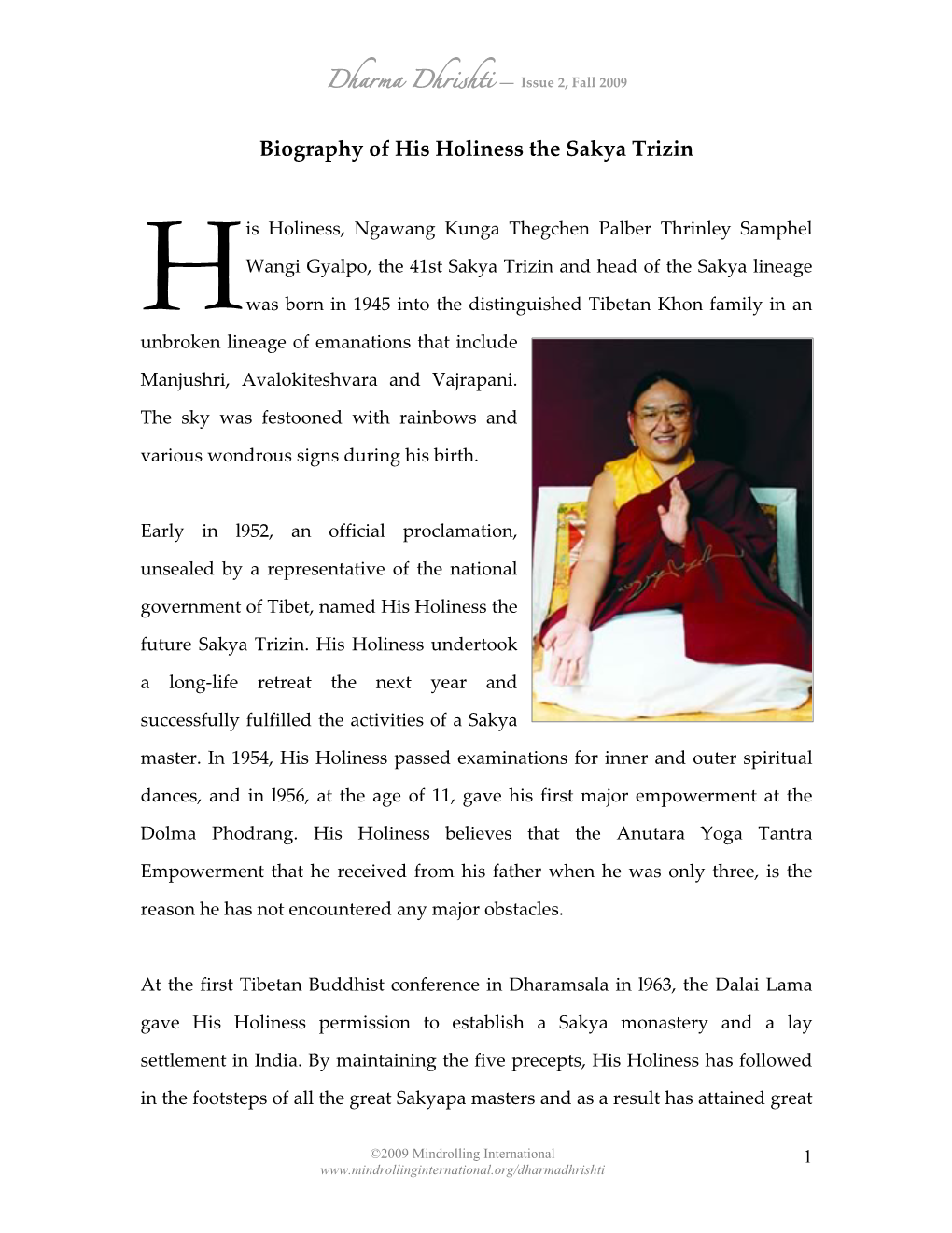 Biography of His Holiness the Sakya Trizin