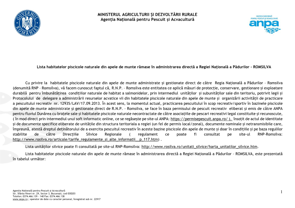 Lista Habitatelor Piscicole Naturale Din Apele De Munte Rămase În Administrarea Directă a Regiei Națională a Pădurilor - ROMSILVA