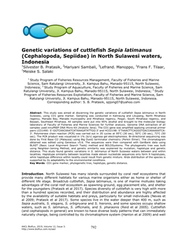 Genetic Variations of Cuttlefish Sepia Latimanus (Cephalopoda, Sepiidae) in North Sulawesi Waters, Indonesia 1Silvester B