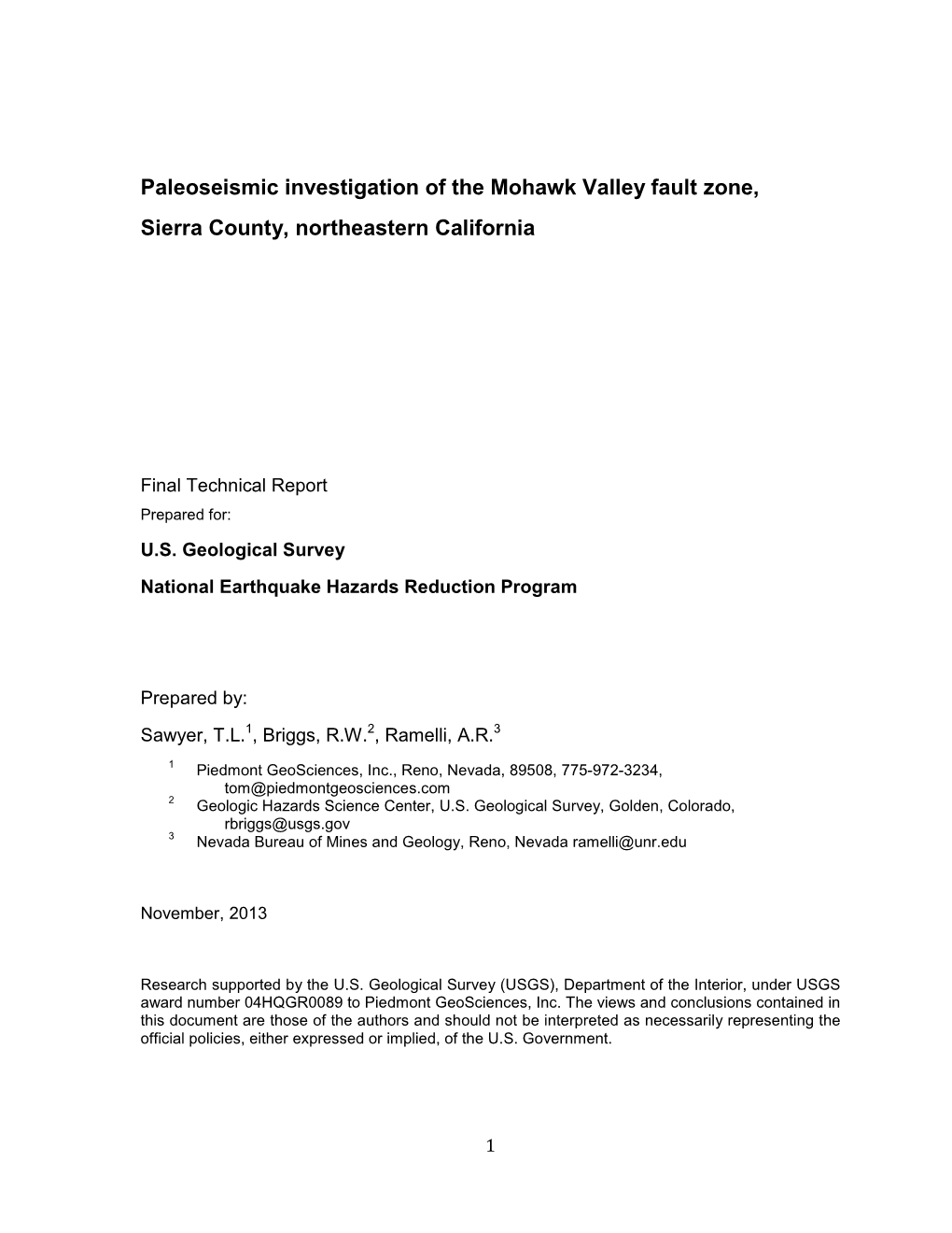 Paleoseismic Investigation of the Mohawk Valley Fault Zone, Sierra County, Northeastern California